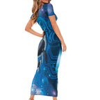 Paikea New Zealand Matariki Short Sleeve Bodycon Dress Humpback Whale Taniko Motifs Ocean Vibes