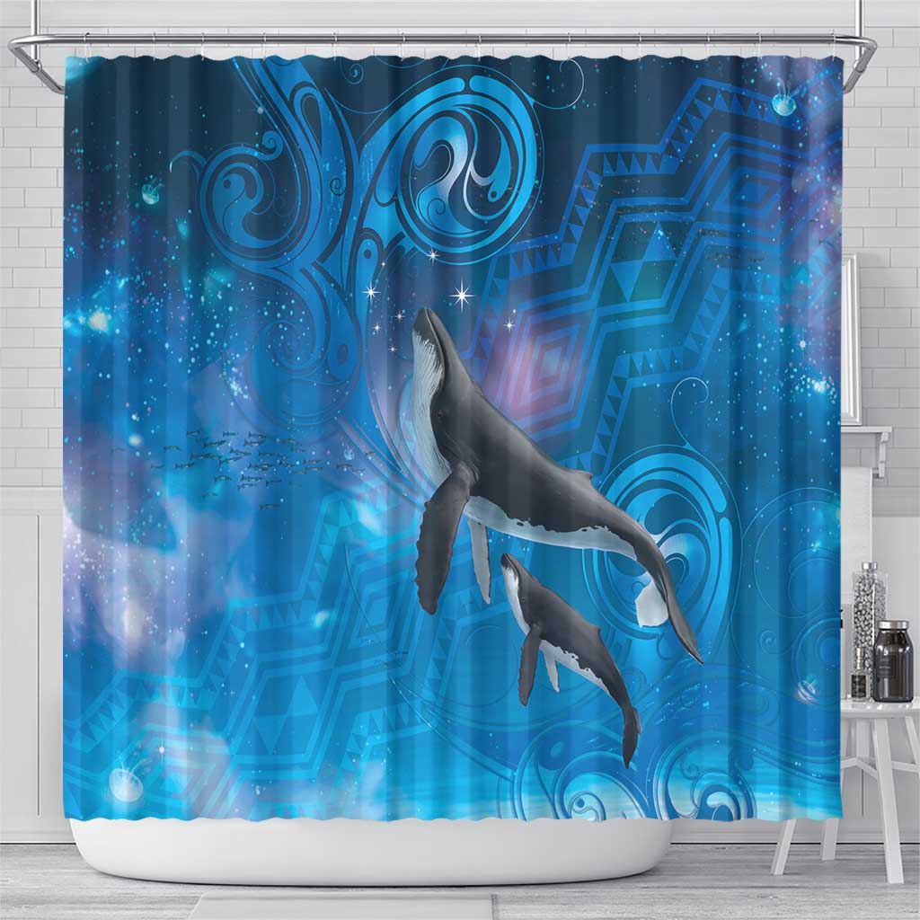 Paikea New Zealand Matariki Shower Curtain Humpback Whale Taniko Motifs Ocean Vibes