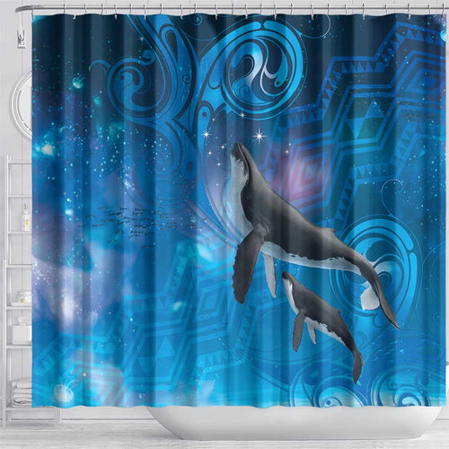 Paikea New Zealand Matariki Shower Curtain Humpback Whale Taniko Motifs Ocean Vibes