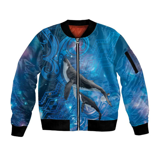 Paikea New Zealand Matariki Sleeve Zip Bomber Jacket Humpback Whale Taniko Motifs Ocean Vibes