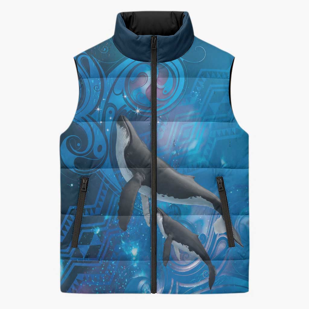 Paikea New Zealand Matariki Sleeveless Puffer Jacket Humpback Whale Taniko Motifs Ocean Vibes