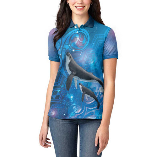 Paikea New Zealand Matariki Women Polo Shirt Humpback Whale Taniko Motifs Ocean Vibes