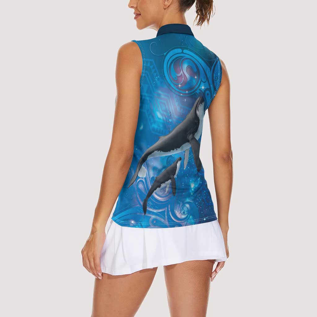 Paikea New Zealand Matariki Women Sleeveless Polo Shirt Humpback Whale Taniko Motifs Ocean Vibes