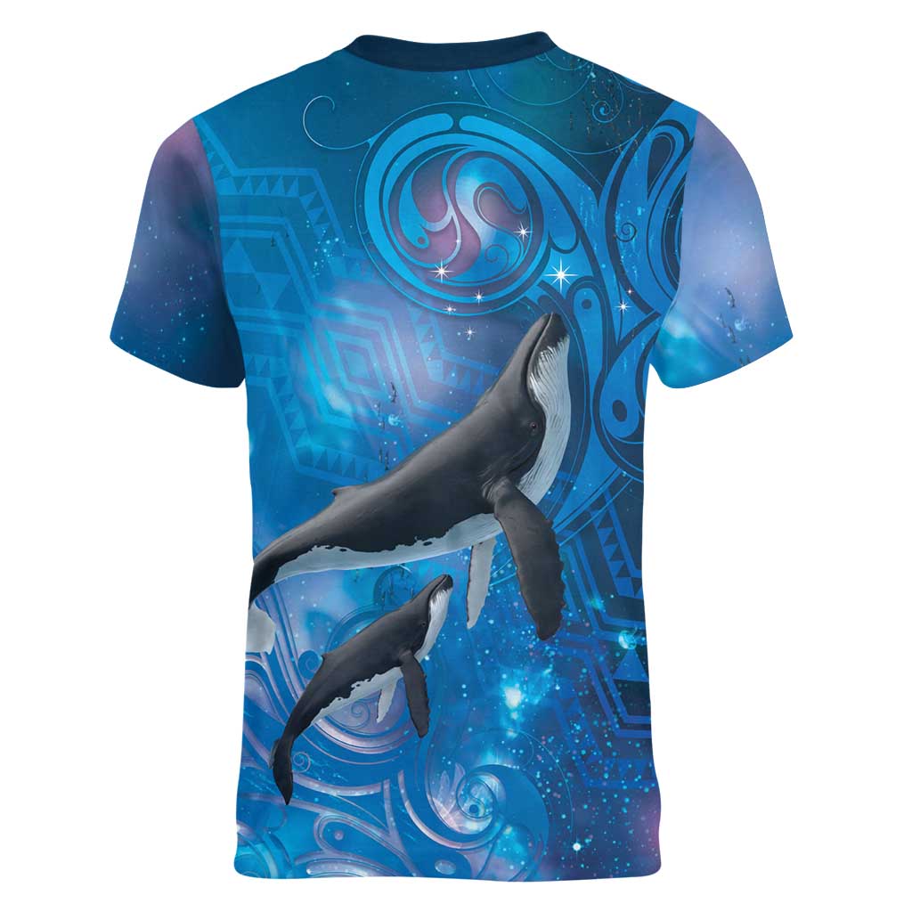 Paikea New Zealand Matariki Women V-Neck T-Shirt Humpback Whale Taniko Motifs Ocean Vibes