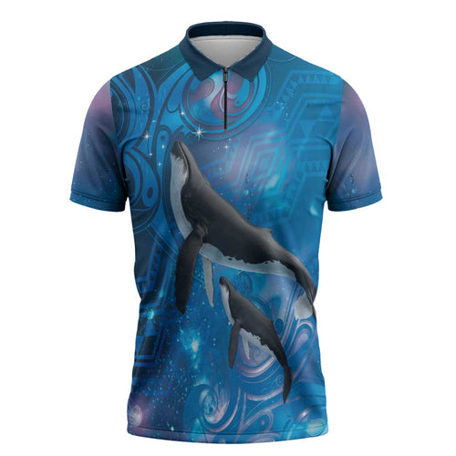 Paikea New Zealand Matariki Zipper Polo Shirt Humpback Whale Taniko Motifs Ocean Vibes