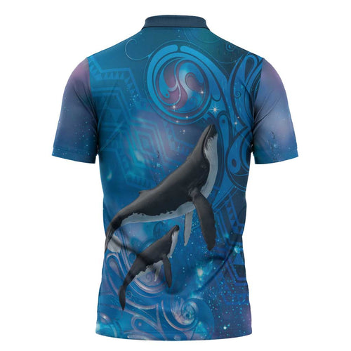 Paikea New Zealand Matariki Zipper Polo Shirt Humpback Whale Taniko Motifs Ocean Vibes