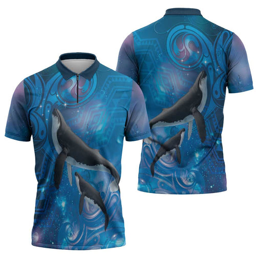 Paikea New Zealand Matariki Zipper Polo Shirt Humpback Whale Taniko Motifs Ocean Vibes
