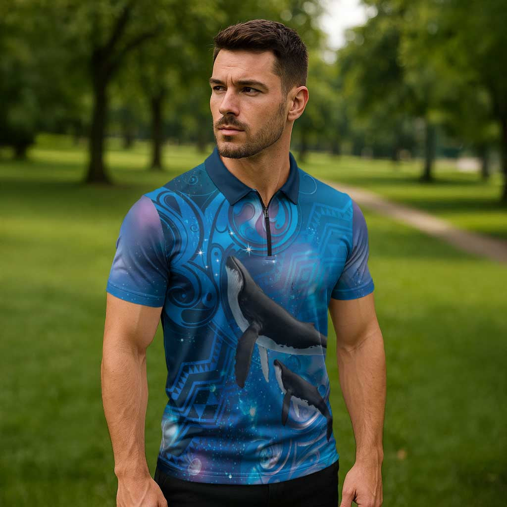 Paikea New Zealand Matariki Zipper Polo Shirt Humpback Whale Taniko Motifs Ocean Vibes