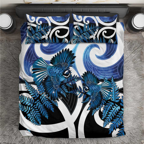 Piwakawaka New Zealand Matariki Bedding Set Maori New Year Silver Fern Blue Galaxy
