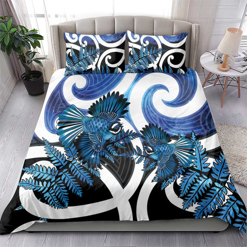 Piwakawaka New Zealand Matariki Bedding Set Maori New Year Silver Fern Blue Galaxy