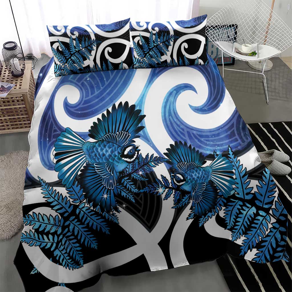 Piwakawaka New Zealand Matariki Bedding Set Maori New Year Silver Fern Blue Galaxy