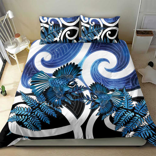 Piwakawaka New Zealand Matariki Bedding Set Maori New Year Silver Fern Blue Galaxy