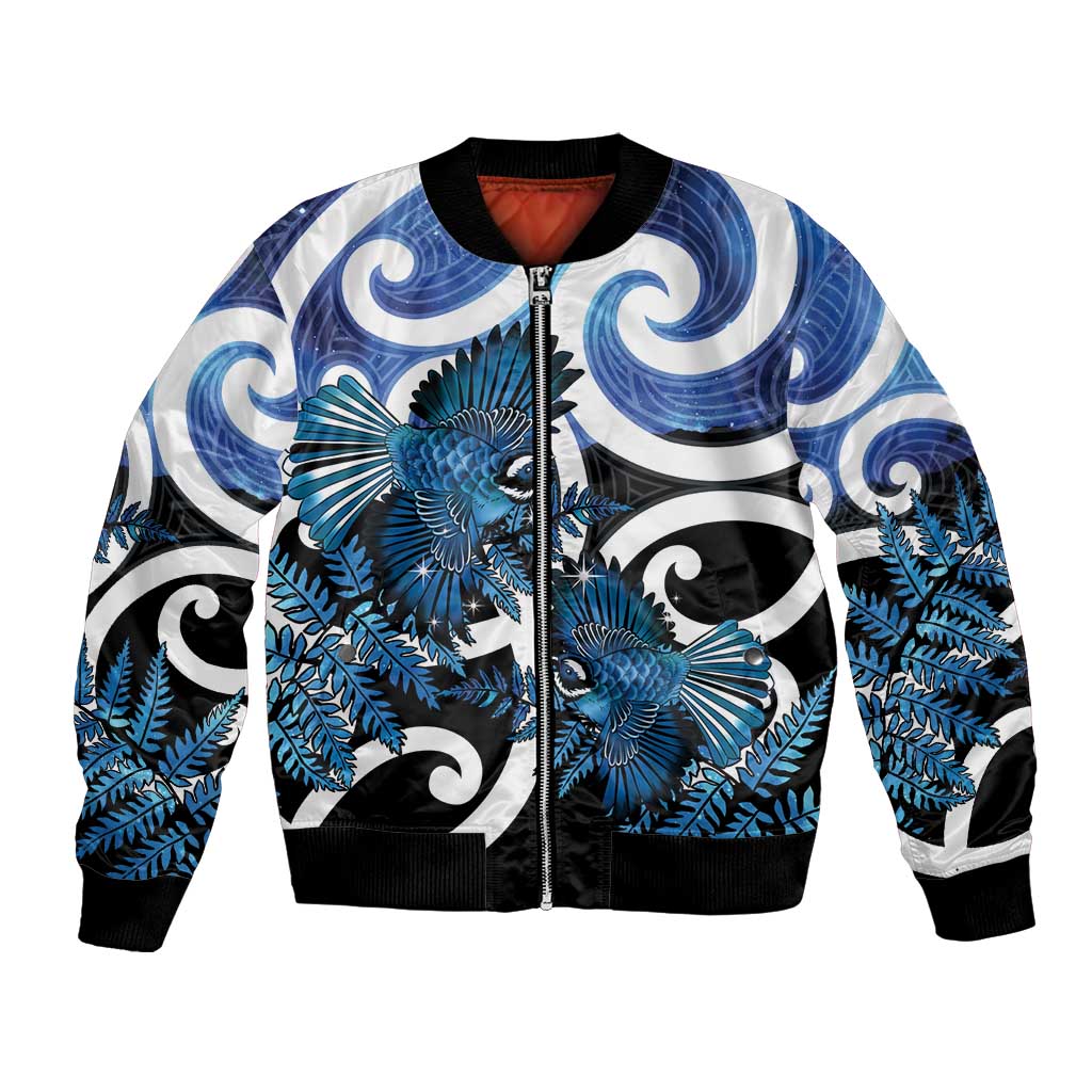 Piwakawaka New Zealand Matariki Bomber Jacket Maori New Year Silver Fern Blue Galaxy