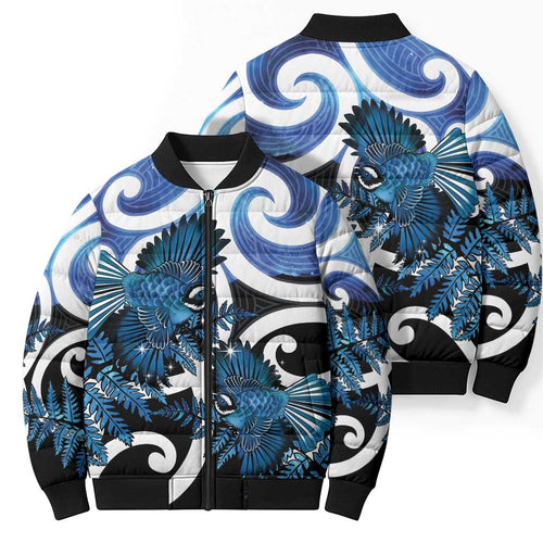 Piwakawaka New Zealand Matariki Bomber Puffer Jacket Maori New Year Silver Fern Blue Galaxy