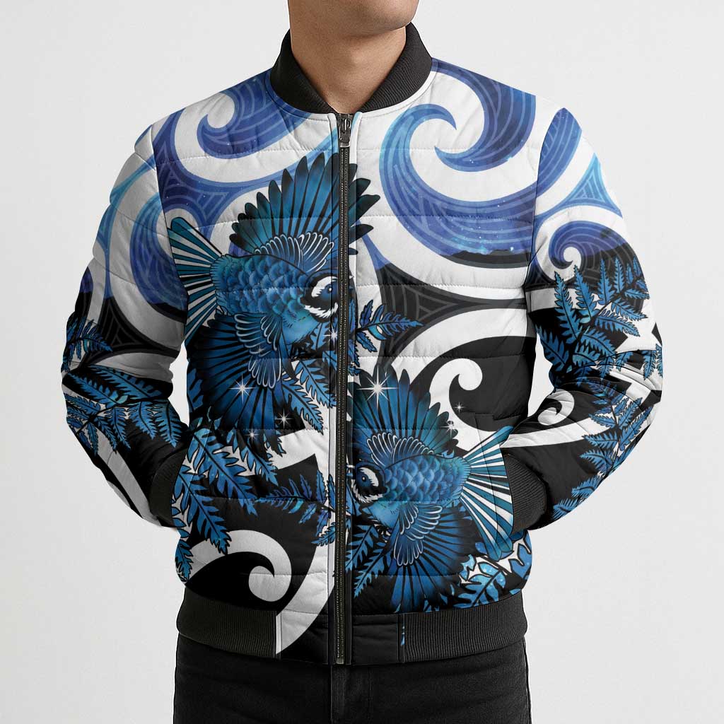 Piwakawaka New Zealand Matariki Bomber Puffer Jacket Maori New Year Silver Fern Blue Galaxy