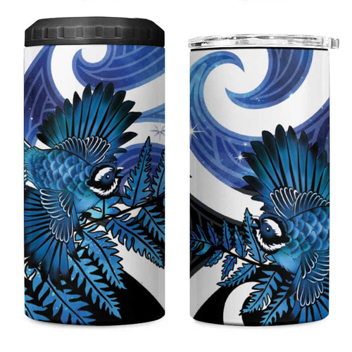 Piwakawaka New Zealand Matariki 4 in 1 Can Cooler Tumbler Maori New Year Silver Fern Blue Galaxy