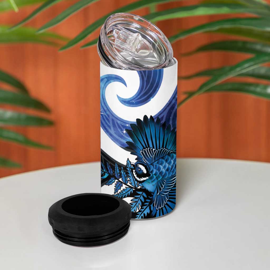 Piwakawaka New Zealand Matariki 4 in 1 Can Cooler Tumbler Maori New Year Silver Fern Blue Galaxy