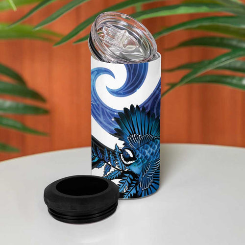 Piwakawaka New Zealand Matariki 4 in 1 Can Cooler Tumbler Maori New Year Silver Fern Blue Galaxy