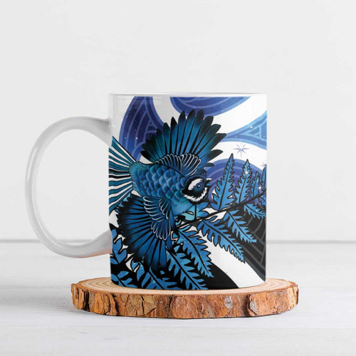 Piwakawaka New Zealand Matariki Ceramic Mug Maori New Year Silver Fern Blue Galaxy
