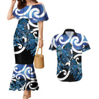 Piwakawaka New Zealand Matariki Couples Matching Mermaid Dress and Hawaiian Shirt Maori New Year Silver Fern Blue Galaxy