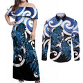 Piwakawaka New Zealand Matariki Couples Matching Off Shoulder Maxi Dress and Long Sleeve Button Shirt Maori New Year Silver Fern Blue Galaxy