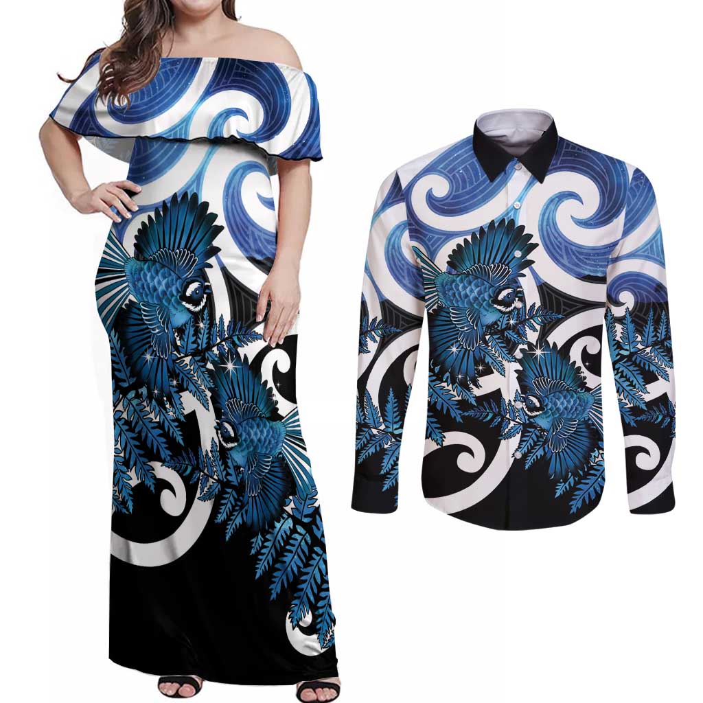 Piwakawaka New Zealand Matariki Couples Matching Off Shoulder Maxi Dress and Long Sleeve Button Shirt Maori New Year Silver Fern Blue Galaxy