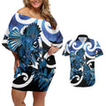 Piwakawaka New Zealand Matariki Couples Matching Off Shoulder Short Dress and Hawaiian Shirt Maori New Year Silver Fern Blue Galaxy