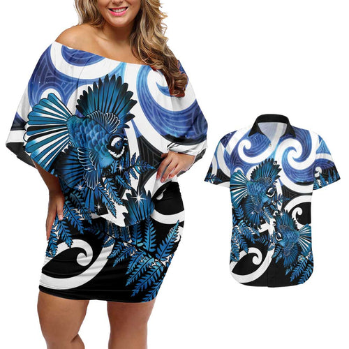 Piwakawaka New Zealand Matariki Couples Matching Off Shoulder Short Dress and Hawaiian Shirt Maori New Year Silver Fern Blue Galaxy