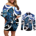 Piwakawaka New Zealand Matariki Couples Matching Off Shoulder Short Dress and Long Sleeve Button Shirt Maori New Year Silver Fern Blue Galaxy