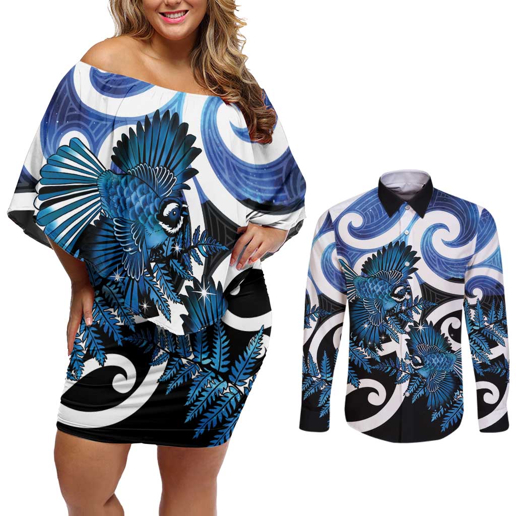 Piwakawaka New Zealand Matariki Couples Matching Off Shoulder Short Dress and Long Sleeve Button Shirt Maori New Year Silver Fern Blue Galaxy