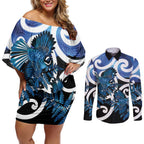 Piwakawaka New Zealand Matariki Couples Matching Off Shoulder Short Dress and Long Sleeve Button Shirt Maori New Year Silver Fern Blue Galaxy