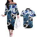 Piwakawaka New Zealand Matariki Couples Matching Off The Shoulder Long Sleeve Dress and Hawaiian Shirt Maori New Year Silver Fern Blue Galaxy