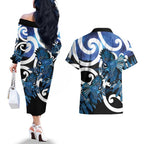 Piwakawaka New Zealand Matariki Couples Matching Off The Shoulder Long Sleeve Dress and Hawaiian Shirt Maori New Year Silver Fern Blue Galaxy