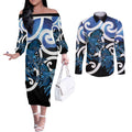 Piwakawaka New Zealand Matariki Couples Matching Off The Shoulder Long Sleeve Dress and Long Sleeve Button Shirt Maori New Year Silver Fern Blue Galaxy