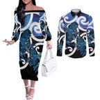 Piwakawaka New Zealand Matariki Couples Matching Off The Shoulder Long Sleeve Dress and Long Sleeve Button Shirt Maori New Year Silver Fern Blue Galaxy