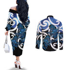 Piwakawaka New Zealand Matariki Couples Matching Off The Shoulder Long Sleeve Dress and Long Sleeve Button Shirt Maori New Year Silver Fern Blue Galaxy