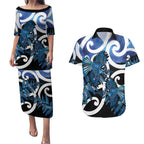 Piwakawaka New Zealand Matariki Couples Matching Puletasi and Hawaiian Shirt Maori New Year Silver Fern Blue Galaxy