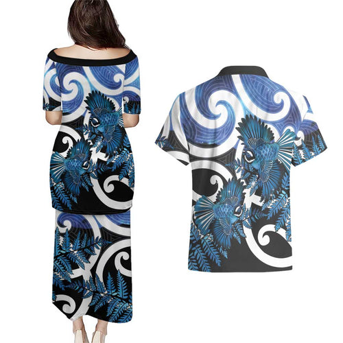 Piwakawaka New Zealand Matariki Couples Matching Puletasi and Hawaiian Shirt Maori New Year Silver Fern Blue Galaxy