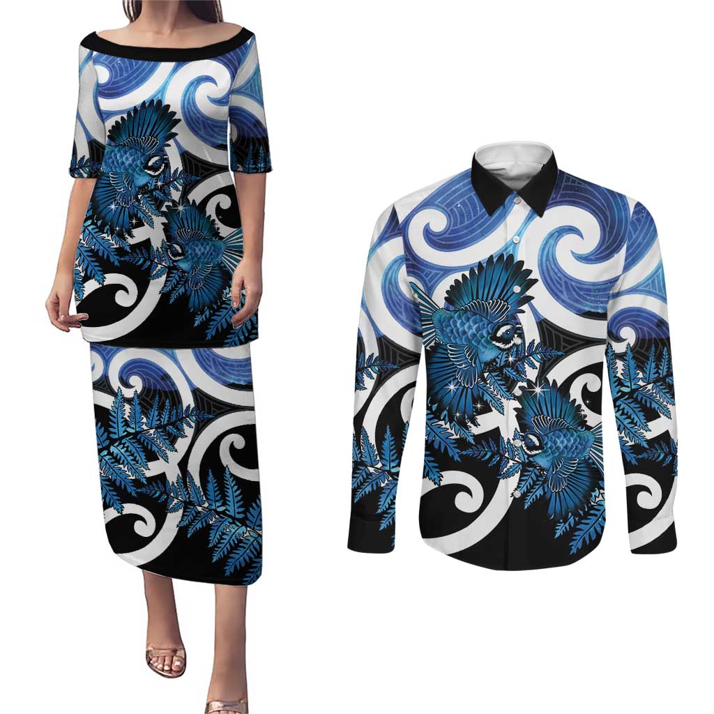 Piwakawaka New Zealand Matariki Couples Matching Puletasi and Long Sleeve Button Shirt Maori New Year Silver Fern Blue Galaxy