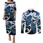 Piwakawaka New Zealand Matariki Couples Matching Puletasi and Long Sleeve Button Shirt Maori New Year Silver Fern Blue Galaxy