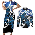 Piwakawaka New Zealand Matariki Couples Matching Short Sleeve Bodycon Dress and Long Sleeve Button Shirt Maori New Year Silver Fern Blue Galaxy
