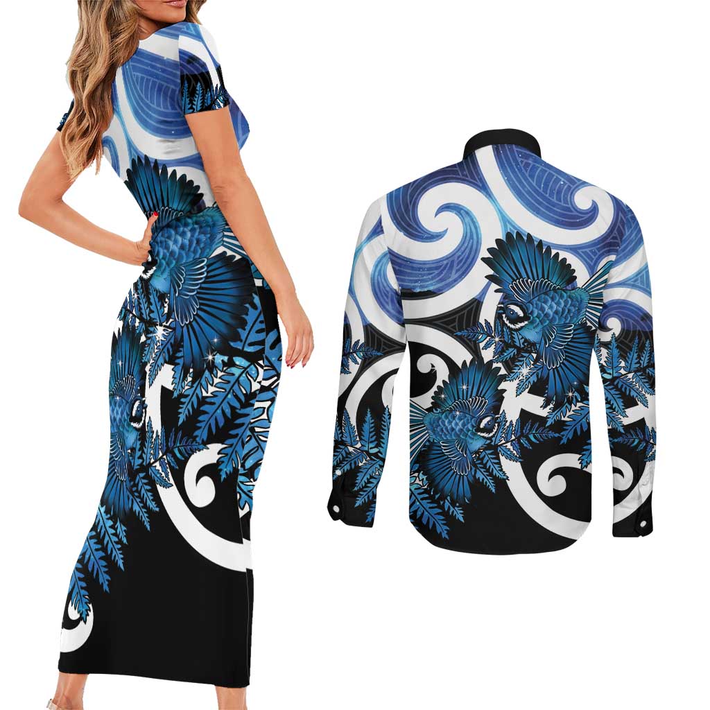 Piwakawaka New Zealand Matariki Couples Matching Short Sleeve Bodycon Dress and Long Sleeve Button Shirt Maori New Year Silver Fern Blue Galaxy