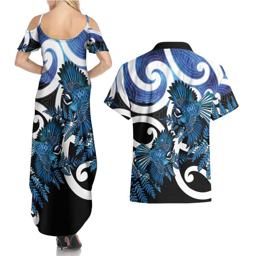Piwakawaka New Zealand Matariki Couples Matching Summer Maxi Dress and Hawaiian Shirt Maori New Year Silver Fern Blue Galaxy