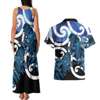 Piwakawaka New Zealand Matariki Couples Matching Tank Maxi Dress and Hawaiian Shirt Maori New Year Silver Fern Blue Galaxy