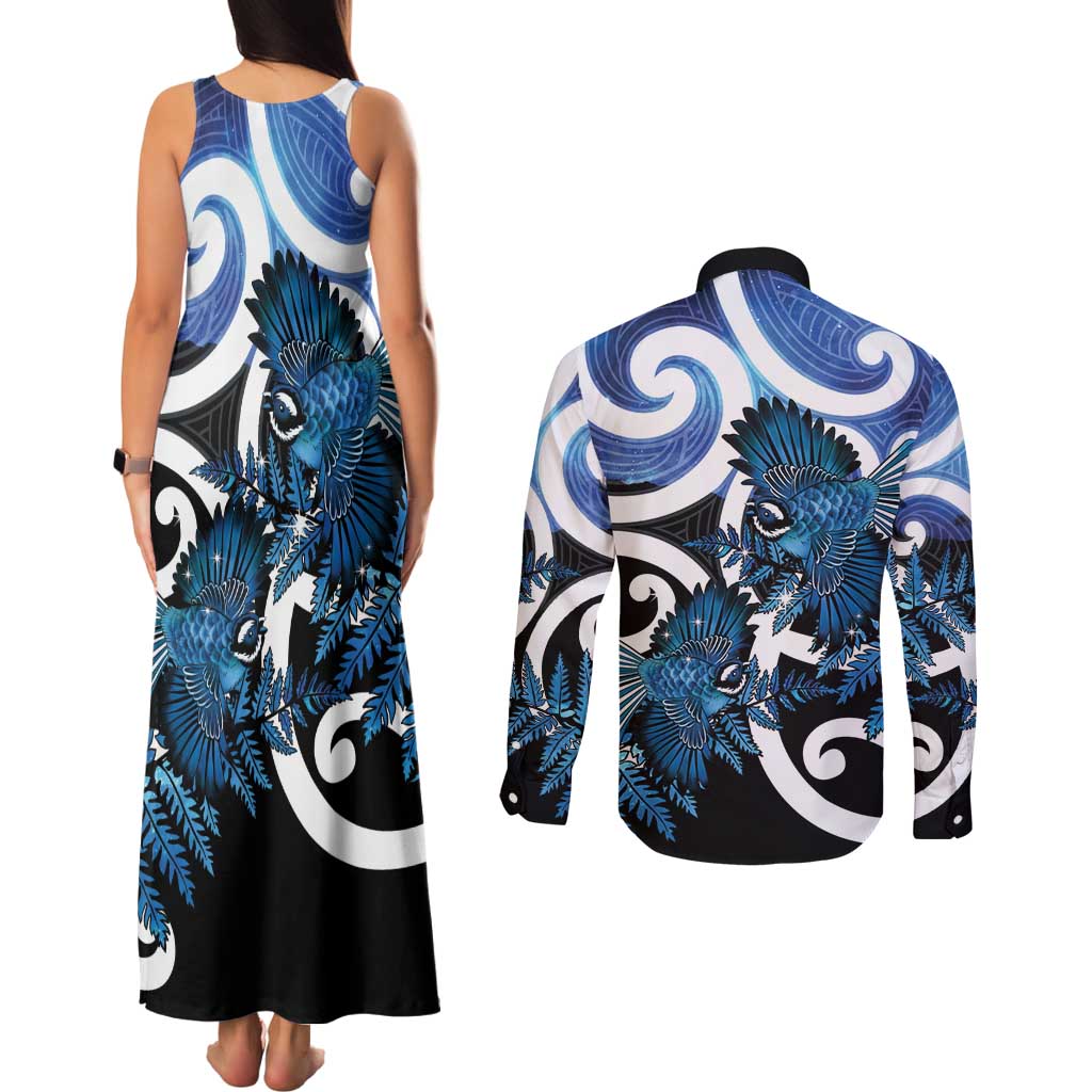 Piwakawaka New Zealand Matariki Couples Matching Tank Maxi Dress and Long Sleeve Button Shirt Maori New Year Silver Fern Blue Galaxy