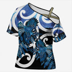 Piwakawaka New Zealand Matariki Cross Shoulder Shirt Maori New Year Silver Fern Blue Galaxy