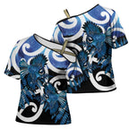 Piwakawaka New Zealand Matariki Cross Shoulder Shirt Maori New Year Silver Fern Blue Galaxy