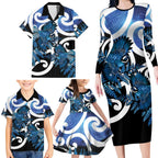 Piwakawaka New Zealand Matariki Family Matching Long Sleeve Bodycon Dress and Hawaiian Shirt Maori New Year Silver Fern Blue Galaxy