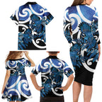 Piwakawaka New Zealand Matariki Family Matching Long Sleeve Bodycon Dress and Hawaiian Shirt Maori New Year Silver Fern Blue Galaxy