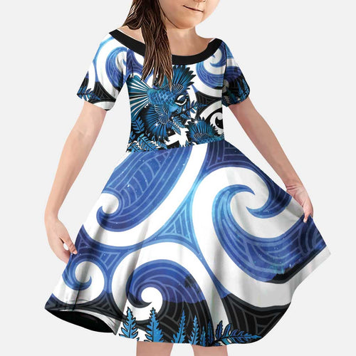 Piwakawaka New Zealand Matariki Family Matching Mermaid Dress and Hawaiian Shirt Maori New Year Silver Fern Blue Galaxy